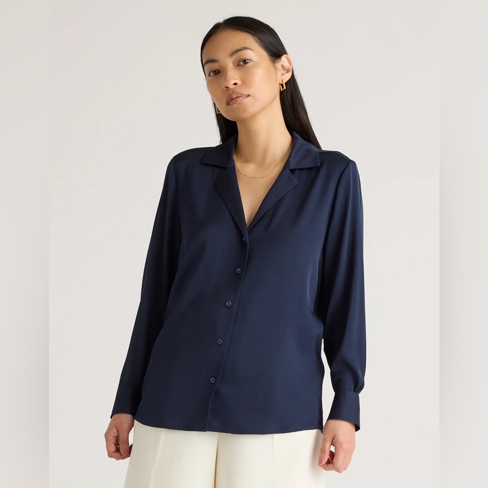Quince Navy Washable Stretch Silk Notch Collar Blouse